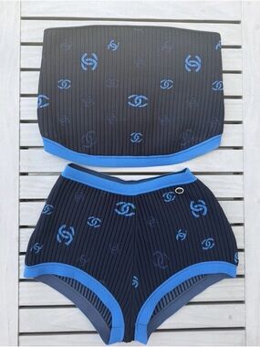 CHANEL Black Ribbed Logo High-Waist Shorts with Blue Trim